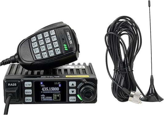 Retevis RA25 Dual Band Mobile Radio, Mini Mobile Transceiver with MR100 High Gain Antenna, 500 Channels, FM radio, Emergency Alarm, VOX, Long Range Mobile Two Way Radio for Traveling Farm