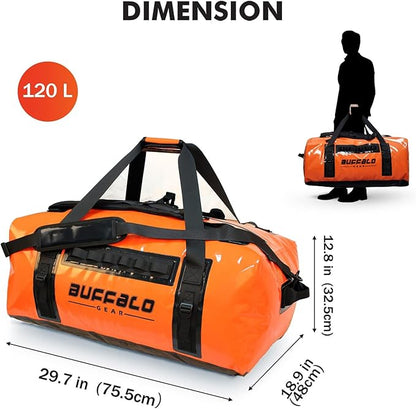 Buffalo Gear Waterproof Duffle Bag 120L Large Adventure Bag with Backpack Straps for Travel Hunting Camping Boating Kayaking Motorcycling Fishing