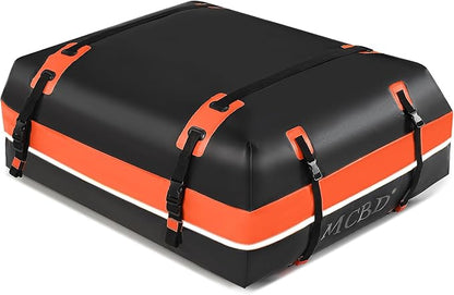 Rooftop Cargo Carrier Bag,15 Cubic Feet Soft-Shell Waterproof Car Roof Luggage Bag for All Vehicles SUV with/Without Rails,Includes 8 Reinforced Straps+4 Door Hooks,Storage Bag,Anti-Slip Mat,Orange