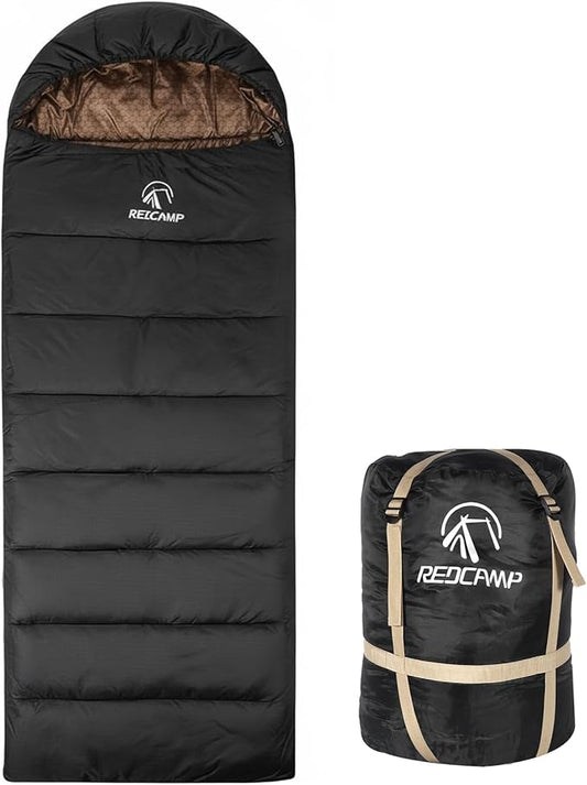 REDCAMP Flannel Sleeping Bag for Adults, Comfortable Cotton Sleeping Bags for Camping with Detachable Hood, Red/Grey/Blue