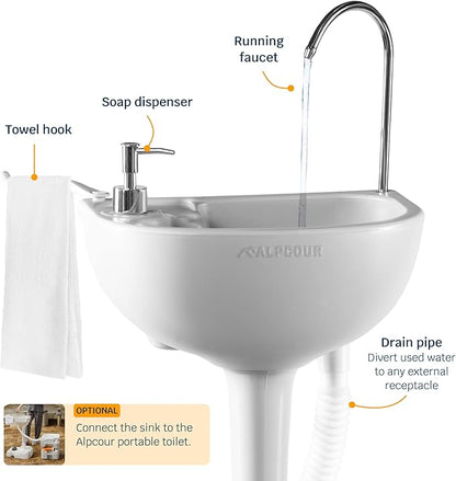 Alpcour Portable Camping Sink – Indoor/Outdoor Travel Hygiene Station with Basin, Running Faucet, Soap Dispenser, Towel Rack, Drain Hose, Hands-Free Foot Pump, Stakes & Carry Bag – 17L Water Capacity