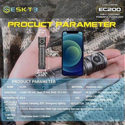 EC200 Powerful EDC 2250 lumens USB-C Rechargeable LED Flashlight - Lightweight, Compact Mini Pocket light Home use Camping Hiking Running Waterproof Outdoor Sports Hands-Free (Cool White 6500K, Black)