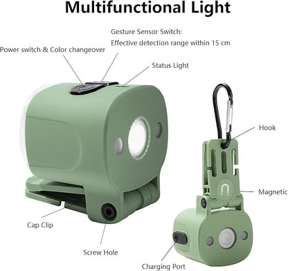 2-Pack Mini Hands Free Rechargeable Hat Light Camping Lanterns Magnetic IPX4 Waterproof Clip on Ultra Light for Emergency, Outdoor, Camping, Fishing, Biking, Night Running (Green)