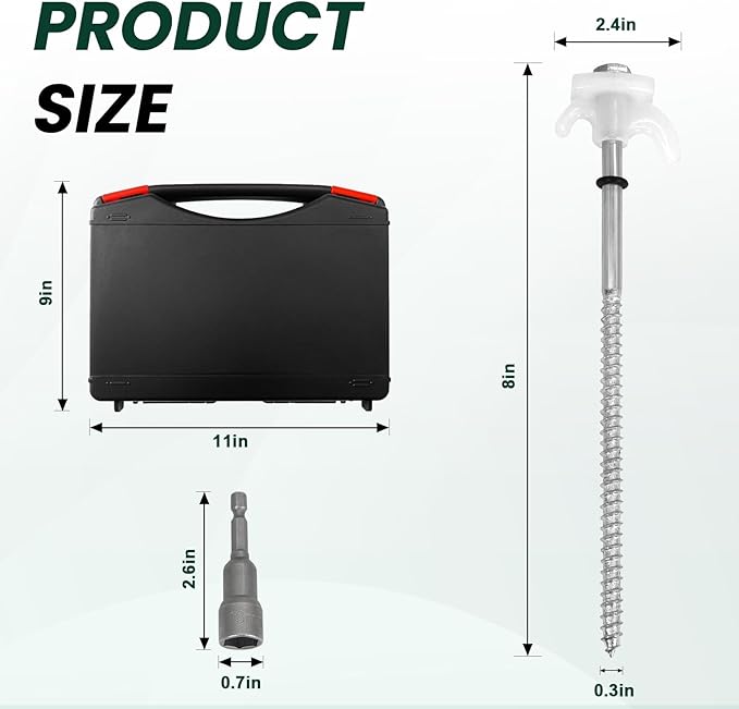 12 Pack 8" Screw in Tent Stakes Heavy Duty- Ground Anchors Screw- Tent Pegs Camping Stakes- Hex Pegs Drillable Tent Stakes and Hexagon Head Drive and Storage Box (White)