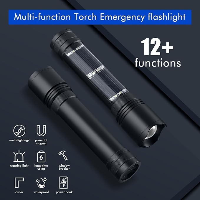 NPET T08-2 Solar Power Flashlight Car Flashlight USB Rechargeable Tactical Multi-Function Torch Emergency Tool (T08-2pack)