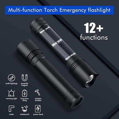 NPET T08-2 Solar Power Flashlight Car Flashlight USB Rechargeable Tactical Multi-Function Torch Emergency Tool (T08-2pack)