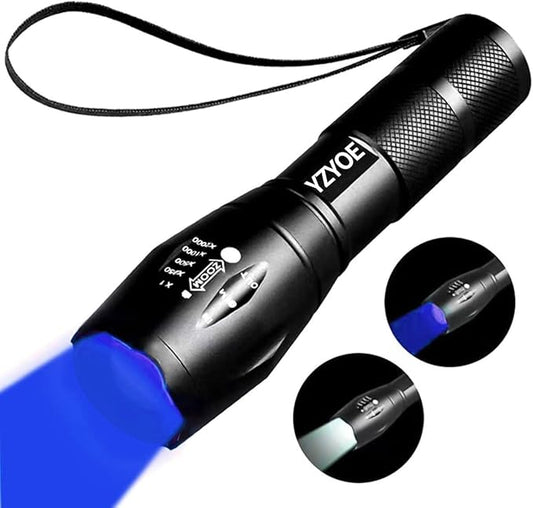 Two-in-one Flashlight with White Light and Blue Light，Blue Flashlight Rechargeable，Outdoors Zoom Blood Light for Observation Flashlight ，2 Modes.