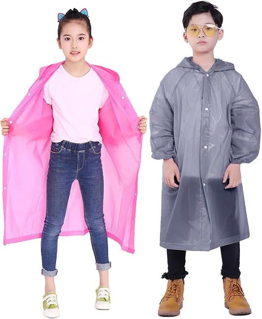 2 Pack Rain Ponchos for Kids, Reusable Kids Rain Jacket with Hood Waterproof Raincoats for Boys and Girls