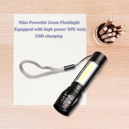 Rechargeable Flashlights High Llumens LED-Mini USB Rechargeable Flashlight for Home 3 Modes Adjustable Focus Portable Waterproof Flashlight with COB Side Lights Tactical Flashlight (1pack)