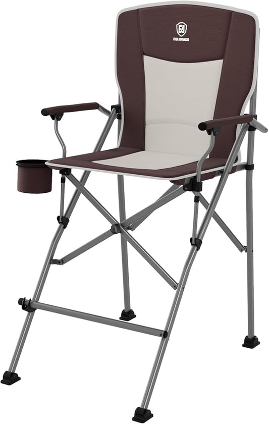 EVER ADVANCED Tall Folding Chair 31", Portable Directors Chair, Bar Height Camping Chair with Carry Bag and Footrest, Armrest, Heavy Duty Supports 300 Lbs Brown Red