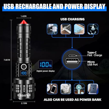 LED Flashlight with High Lumens, Super Bright Tactical Flashlight, High Powered Handheld Flashlight with 5 Modes for Emergency Camping Fishing Hiking, IPX67 Waterproof, Zoomable, Black