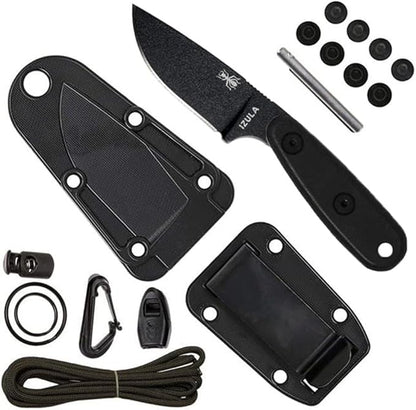 ESEE Knives Izula Fixed Blade Knife w/Survival Kit, Sheath & Clip Plate (Black Blade/Black G10 Handle/Black Sheath/Survival Kit)