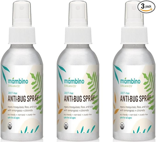 Anti-Bug Spray DEET-Free – Organic, 3-Pack All-Natural Bug Spray Made with Nourishing Essential Oils – Bug Repellent for Babies, Kids, Adults, Camping, & More by Mambino Organics, 4 Oz.