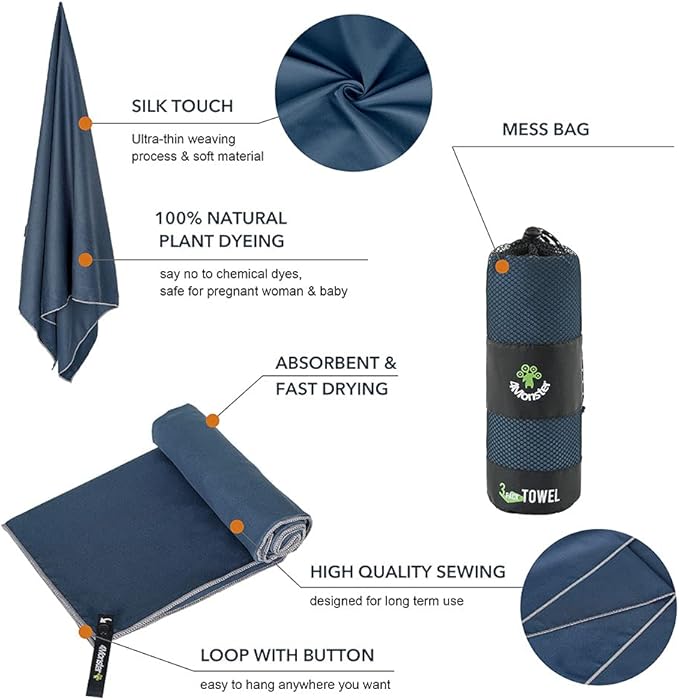 4Monster Camping Towels 3 Size at 1 Pack,Quick Dry Microfiber Towel,Beach Travel Towel Ultra Compact,Soft Gym Towel for Hiking Yoga Travel Sports Backpacking Trip and Pool