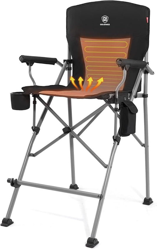 EVER ADVANCED Heated Camping Chairs, Tall Directors Chair with Cup Holder 31", Bar Height Heated Folding Chair for Camping, Sports with Carry Bag, Mesh Pockets and Footrest, Heavy Duty 300 lbs, Black