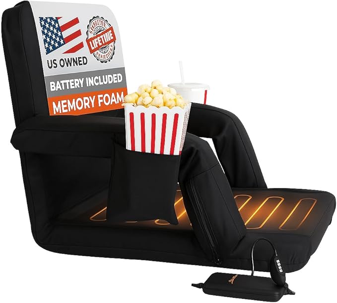 Heated Stadium Seats for Bleachers with Back Support – USB Battery Included - Upgraded 3 Levels of Heat - Foldable Chair - 4 Pockets and Cup Holder - for Camping Sports (20" inch Heat on seat)