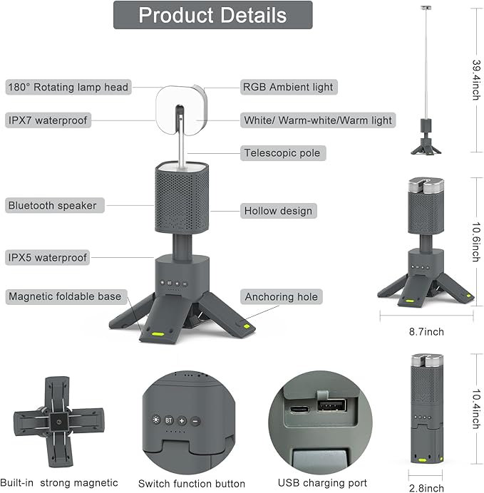 Camping Lantern, 14000mAh Rechargeable Telescopic Camping Lights Built-in Magnetic Stand with Speaker, Portable Waterproof Outdoor LED Flashlight for Emergency, Hiking, Camping, Fishing - Grey