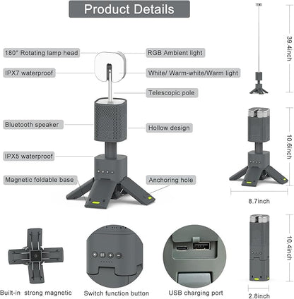 Camping Lantern, 14000mAh Rechargeable Telescopic Camping Lights Built-in Magnetic Stand with Speaker, Portable Waterproof Outdoor LED Flashlight for Emergency, Hiking, Camping, Fishing - Grey