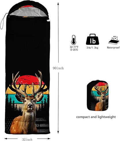 HOSIMA Dear Hunting Pattern Cold Weather Sleeping Bags for Adults,Black Light Weight Sleeping Bags for Kids Adults,WaterProof Sleeping Bags for Outdoors Hiking.