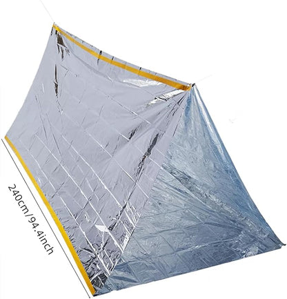 1 Piece Survival Shelter, Polyester Film Emergency Tent Survival Kit with String Bundle Pocket Whistle for Hiking, Car Camping, First Aid Hurricane