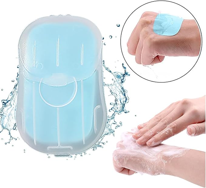 1 Box 50Pcs Blue Portable Soap Sheets, Mini Portable Travel Soap Paper Sheets Disposable Water Soluble Hand Washing Bath Scented Paper Soap, Outdoor Camping Soap and Shampoo, Camping Hiking