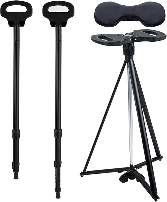 Walking Stick With Seat - Adjustable Portable Cane, Foldable Stool With 2 Bases, Pocket Storage Bag and Removable Cushion - Aluminum Lightweight Mobility Aid Crutch
