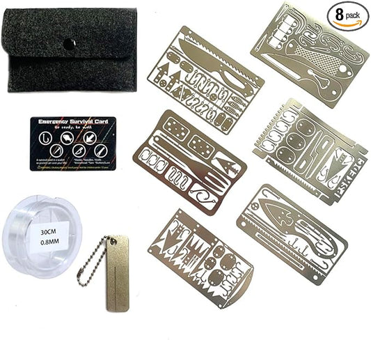 8Pcs Survival Cards Multi-Functional Tool Card Emergency Camping Tool EDC Kit in Your Walletcard with Fishhook Fishing Line,Survival Guide Multitool Camping Gear for Outdoor Hiking Hunting