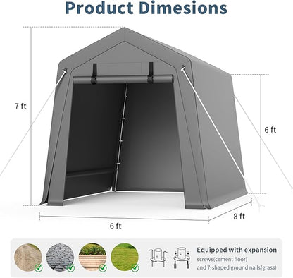 Garvee 6 ft x8 ft Outdoor Portable Storage Shed, Waterproof & UV-Resistant Garage Shelter with 2 Roll-Up Zipper Doors, Anti-Snow Carport Tent for Motorcycle, Bike, and Outdoor Equipment, Gray