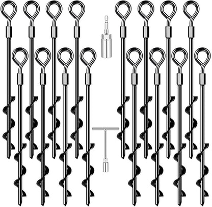 Ground Anchors 16 Pack Screw in Heavy Duty Ground Anchors,Tent Stakes for Camping Tent, Trampoline, Canopies, Carports, Sheds, Swing Sets, Black Anti-Rust Coating for High Wind (16 x 14“)