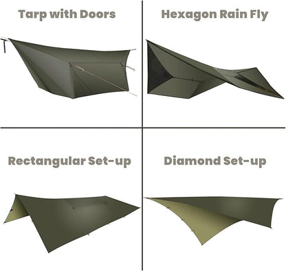 onewind 12×10 ft Hammock Tarp, Ultralight Tarp Silnylon Hammock Rain Fly Lightweight Waterproof Camping Tent Tarp with Doors, Easy to Setup with Stuff Sack, Tent Stakes, OD Green