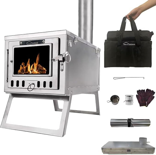 DANCHEL OUTDOOR S6/SSG Folding Camping Stove, 304 Stainless Steel Wood Burning Stove with 7.2ft Chimney, Portable Hot Tent Stove Solo Camping Survival Backpacking, Lightweight & Compact Design
