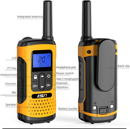 KSUN Walkie Talkies for Adult, 22 FRS Channels, LCD Screen, NOAA Weather Alarm, Rechargeable Battery, Long Range,Yellow, Portable for Cruise Camping Hiking GZ32Plus (2 Pack)