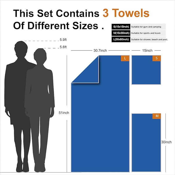 4Monster Camping Towels 3 Size at 1 Pack,Quick Dry Microfiber Towel,Beach Travel Towel Ultra Compact,Soft Gym Towel for Hiking Yoga Travel Sports Backpacking Trip and Pool