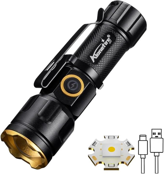 ALONEFIRE X77 LED Mini Flashlight High Lumens USB C Rechargeable Zoom Small Flashlight Bright Lightweight Pocket Size Long Range with 5 Light Modes Magnetic with Clip, Rechargeable Battery for EDC