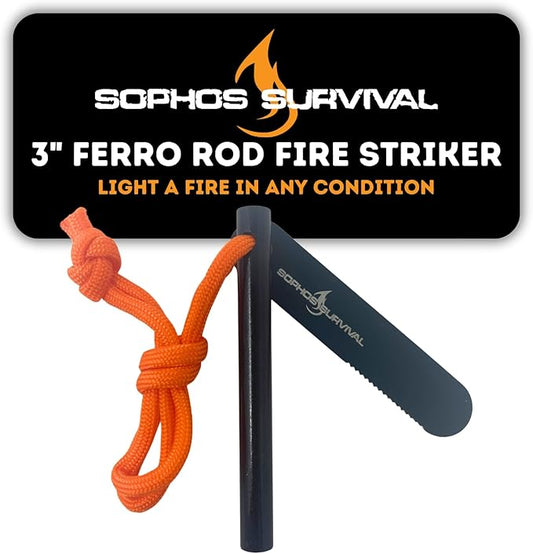 3" Ferro Rod Fire Starter Survival Tool | 3,500+ Strikes, High Visibility Paracord Lanyard, Windproof & Waterproof Flint and Steel, Camping and Survival Fire Starter