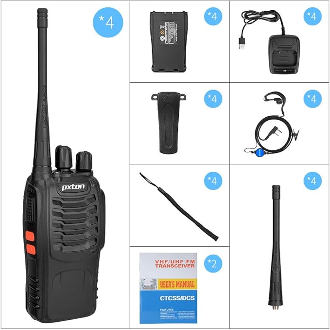 Rechargeable walkie talkies for Adults with Upgraded Earpieces and Li-ion Battery,Two Way radios has VOX/TOT/Emergency Alarm/Battery Low Alert/Flashlight/Scan Function（4 Pack）