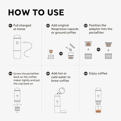 Portable Espresso Machine with Self-heating, 12V 7500mAh Rechargeable Electric Coffee Machine 19 Bar Compatible with NS Capsules and Ground Coffee for Car Camping Travelling, White
