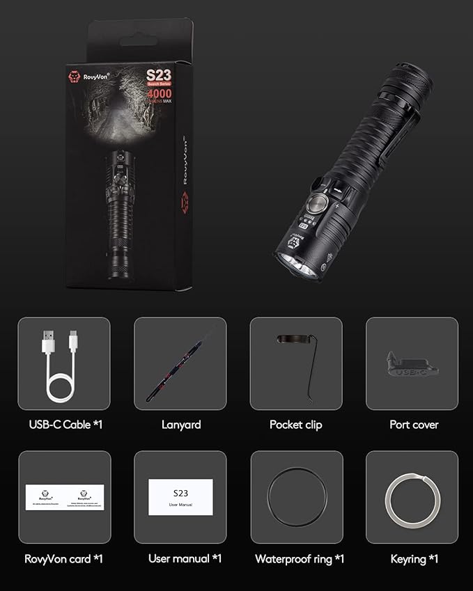 RovyVon S23 Search Flashlight, 4000 Lumens High Lumen Brightest Flashlight Long Throw Flashlight, 5000mAh Rechargeable Battery, IPX8 Waterproof EDC Flashlight Compact Duty Work Light with Lanyard