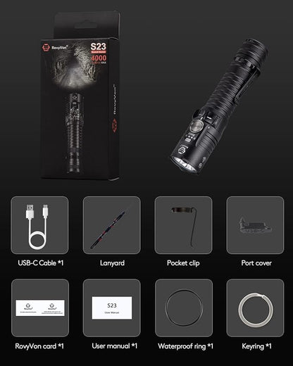 RovyVon S23 Search Flashlight, 4000 Lumens High Lumen Brightest Flashlight Long Throw Flashlight, 5000mAh Rechargeable Battery, IPX8 Waterproof EDC Flashlight Compact Duty Work Light with Lanyard