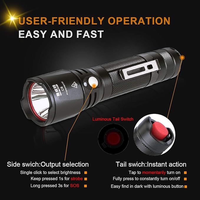 Small Tactical Flashlight, Waterproof, Military Grade, 900 Lumen, 5.51 in Length, 4.5oz Weight, Dual Switch, 18650 Battery (Not Included), 1 Year Free Replacement