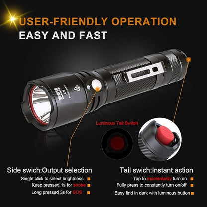 Small Tactical Flashlight, Waterproof, Military Grade, 900 Lumen, 5.51 in Length, 4.5oz Weight, Dual Switch, 18650 Battery (Not Included), 1 Year Free Replacement