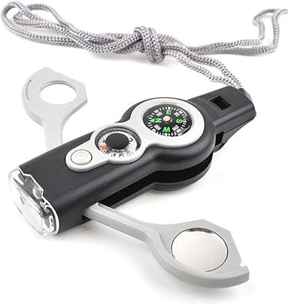 7 in 1 Multi-Function Compass, Outdoor Survival Safety Whistle Compass Thermometer LED Mirror Magnifying Glass Multitool for Camping, Hiking, Hunting, Fishing and Adventure