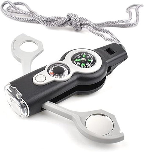 7 in 1 Multi-Function Compass, Outdoor Survival Safety Whistle Compass Thermometer LED Mirror Magnifying Glass Multitool for Camping, Hiking, Hunting, Fishing and Adventure