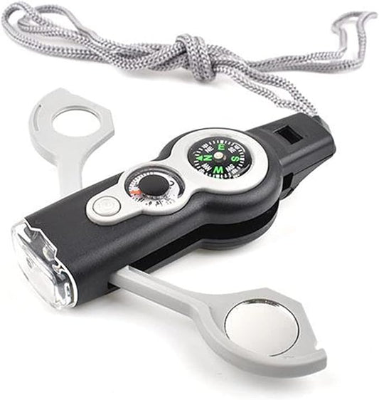 7 in 1 Multi-Function Compass, Outdoor Survival Safety Whistle Compass Thermometer LED Mirror Magnifying Glass Multitool for Camping, Hiking, Hunting, Fishing and Adventure