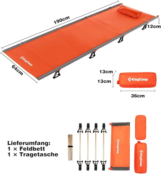 KingCamp Camping Cot, Folding Portable Heavy Duty Ultralight Cots for Adults Camping Tent Hiking Backpacking Mountaineering Travel Indoor Outdoor Indoor Base Camp with Pillow, Support 265 Lbs