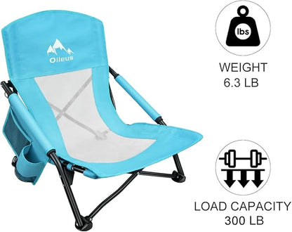 Oileus Low Beach Chair for Beach Tent/Shelter & Camping/Outdoor Ultralight Backpacking Folding Recliner Chairs with Cup Holder/Storage Bag, Carry Bag, Breeze Mesh Back, Compact Duty 1 Pcs Chair