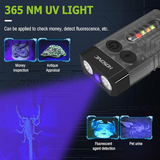 E9 Small EDC Flashlight Powerful 1000 Lumens, Rechargeable Mini Keychain Flashlights with 365nm UV Red Blue Light 12 Modes, Magnetic Flash Light IPX4 Waterproof