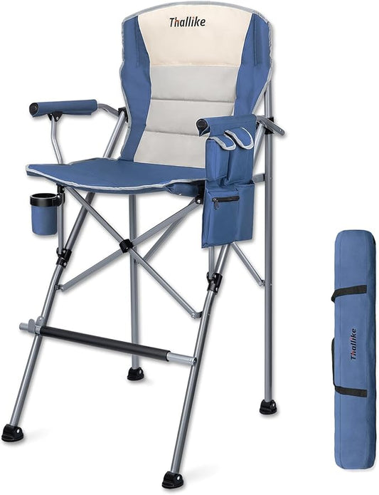 Foldable Directors Makeup Salon High Chair - Portable Camping Bar Height Folding Photoshoot Chairs with Stroage Bag Cup Holder Non-Slip Footrest, Supports 400 lbs Blue Tall Director Chair