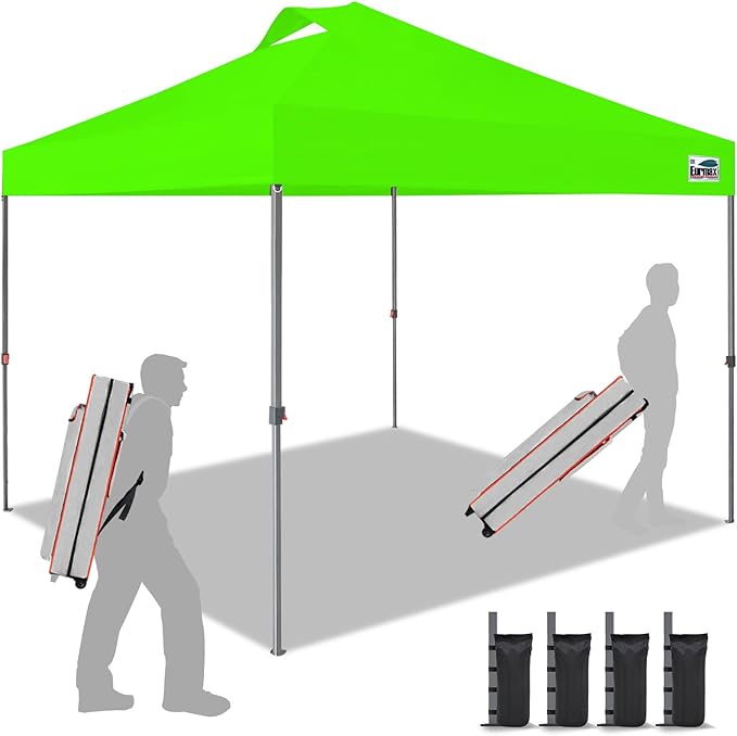 Eurmax USA NOMATTER ONE-Person Open&Close 10x10ft Pop Up Canopy Tent，Portable Shelter Canopy for Outdoor Events，Instant Canopies, Temporary Sunshade,Bonus 4 Sand Bags(Hi-Vis Green)
