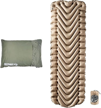 Klymit Drift Shredded Memory Foam Camping Pillow and Insulated Static V Inflatable Sleeping Pad Bundle for Outdoor Use